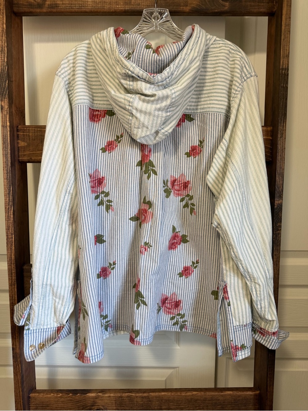 We The Free Light Blue & White Striped Hooded Button-Down with Floral Trim - Picture 3 of 5